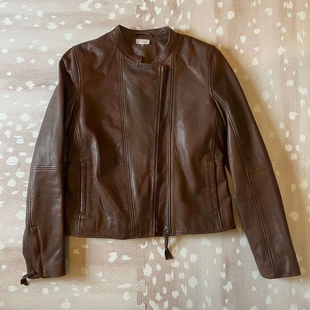 ecru Brown Leather Moto Jacket